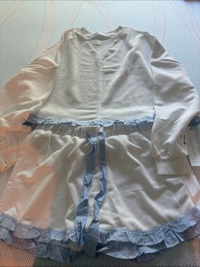 White Ruffle Trim Lounge Top with Blue Stripe Accents